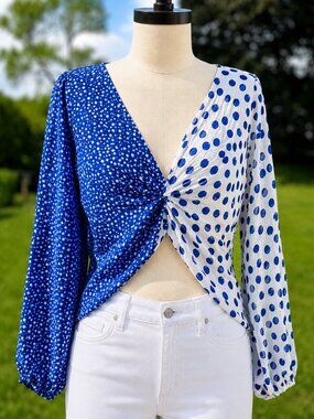 Blue & White Criss Cross Polka Dot Top